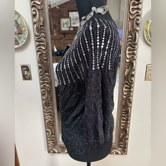 HAROLDS LUXURY BLACK DRESSY CARDIGAN SILVER SEQUINS METALLIC THREAD TOP SZ M - Picture 6 of 11